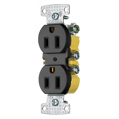 Hubbell Wiring Device-Kellems Straight Blade Receptacle, 5-15R, 15 A, 125V AC, 2 Pole, 3 Wire, Flush Mount, Grounded RR15BK